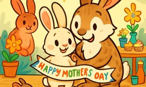 A little rabbit named Pipkin, with soft cream-colored fur, large expressive ears, and bright curious eyes, stands on a wooden stage holding a ribbon decorated with colorful words. He has a shy yet joyful smile, showing his excitement for Mother's Day. Next to him, a tall rabbit with long ears and brown spots, Uncle Dandelion, smiles warmly, his eyes sparkling with pride as he encourages Pipkin with a paw on his shoulder. In the background, a mother rabbit with soft fur and affectionate eyes looks at her little one with tenderness, her ears slightly tilted, full of emotion. The scene takes place in a bright party hall adorned with colorful garlands and potted flowers, with tables decorated with small cakes and sparkling drinks. Forest animals, like mice and squirrels, dance joyfully around, adding to the festive atmosphere. Nervous but determined, Pipkin is about to share his sweet words for his mom, while excitement and love fill the air, creating a warm and joyful ambiance.