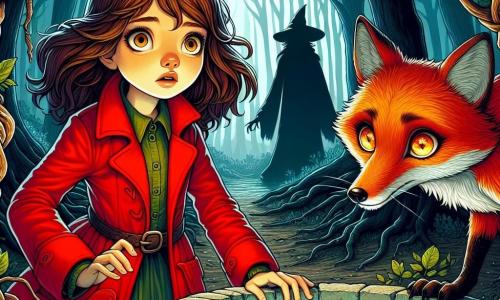 A 12-year-old girl with messy long brown hair and sparkling curious eyes stands at the edge of an old stone well, her face marked by a mix of determination and slight fear. She wears a bright red coat that contrasts with the surrounding darkness. Beside her, a fox with bright, mysterious eyes and fiery red fur seems to encourage her to move forward, its attentive posture and piercing gaze fixed on the well. The setting is a dense forest shrouded in light mist, where twisted tree trunks rise like threatening shadows. Gnarled roots emerge from the ground, and leaves fall gently, creating a magical yet unsettling atmosphere. The main scene shows the girl raising a trembling hand toward an ancient mirror emitting a silvery glow, while a dark, blurry silhouette representing the witch looms in the fog, ready to challenge her courage.