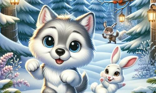 An illustration depicts a small wolf with soft, silver fur and large, bright eyes filled with curiosity and joy. It dances in the snow, leaving delicate paw prints on the frozen ground, a big smile lighting up its face. Nearby, a small rabbit with long, silky ears and snow-white fur hops joyfully, its eyes sparkling with excitement as it invites the wolf to join in the dance. A wise owl with brown and golden feathers perches on a branch of a tall pine, observing the scene with a kind gaze, ready to tell a story to the other animals. The main setting is an enchanted forest blanketed in a thick layer of sparkling snow under the moonlight, surrounded by tall fir trees heavy with snow, creating a magical and warm atmosphere. The main scene shows the wolf and rabbit celebrating the winter festival, singing and dancing together under the starry sky, surrounded by their animal friends. Pinecone and berry lanterns illuminate the scene, adding a touch of color and warmth to the winter environment. Other graphic elements include gently falling snowflakes, paw prints in the snow, and garlands of berries decorating the tree branches, creating a festive and joyful ambiance.