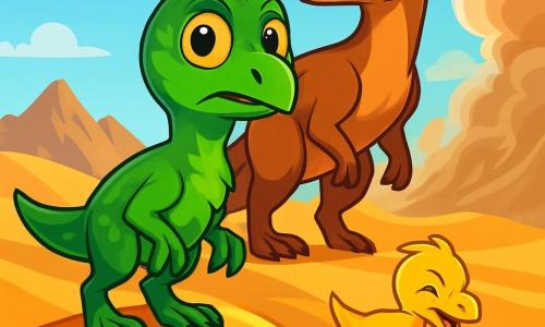 Um velociraptor de plumagem verde brilhante e olhos vivos, com uma expressão de curiosidade misturada com preocupação, está em uma duna de areia dourada. Ele tem garras afiadas e uma longa cauda que o ajuda a manter o equilíbrio. Perto dele, sua mãe, uma grande velociraptor de plumagem marrom, observa atentamente, enquanto seu irmãozinho, Lilo, um velociraptor de penas amarelas, brinca na areia, despreocupado. O cenário é um vasto deserto, com dunas ondulantes sob um céu azul brilhante, salpicado de algumas nuvens brancas. Ao longe, montanhas rochosas se erguem majestosas, e uma tempestade de areia começa a se formar, criando uma atmosfera de mistério. A situação principal mostra Rafi, o velociraptor, pronto para explorar o estranho barulho que ouviu, determinado a proteger sua família enquanto sente a excitação da aventura.
