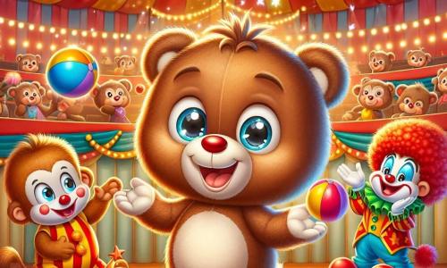 Benny, a soft and round teddy bear with brown fur and sparkling eyes, is at the center of the scene, juggling three colorful balls with a big smile on his face. Next to him, Tumbling Tim, a cheerful clown with messy red hair, a red nose, and a multicolored costume, is laughing heartily while encouraging Benny, his arms raised in applause. A little further away, Moxie, a mischievous little monkey with brown fur and a long, agile tail, is balancing a ball with his tail, wearing a cheeky grin, ready to join Benny in the show. The setting is a large circus tent with bright red and yellow stripes, twinkling lights, and amazed spectators sitting on wooden benches, applauding and laughing in a festive atmosphere. The scene captures Benny enthusiastically juggling, surrounded by laughter and applause, embodying the joyful and magical spirit of the circus.