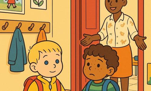 Tres personajes: Leo, niño de 3 años, pelo rubio corto, ojos azules, chaqueta amarilla y mochila roja, toma la mano izquierda de Nico y sonríe tímidamente mirando la puerta; Nico, niño de 3 años, pelo castaño rizado y pecas, jersey verde a rayas y mochila azul, a la derecha de Leo, algo inquieto pero seguro; la maestra Clara, 30 años, pelo castaño recogido, blusa clara con motivos de animales, sonriente y con las manos abiertas junto a la entrada. Escena: entrada colorida de una escuela infantil con puerta roja, percheros con abrigos y dibujos, suelo claro, carteles infantiles, luz cálida desde una ventana izquierda y una pequeña mesa con papel y lápices. Situación: los niños llegan de la mano ante la puerta, atmósfera dulce y reconfortante, Leo protector, Nico vacila pero se siente seguro, la maestra los invita a entrar; estilo de la imagen: líneas suaves, colores vivos y texturas tipo tiza.