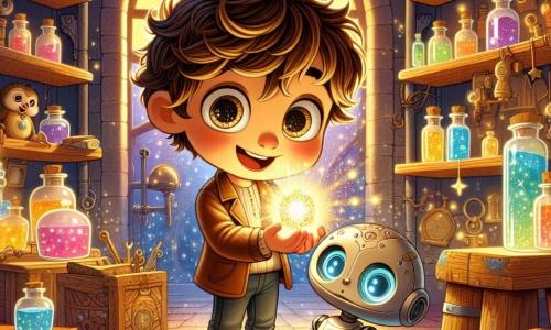 Un niño de 6 años, Nico, con el cabello castaño desordenado y grandes ojos llenos de curiosidad, se encuentra en el centro de la imagen, sosteniendo un artefacto brillante en sus manos. Muestra una amplia sonrisa, rebosante de emoción y asombro. A su lado está Pipo, un robot amigable del tamaño de un niño, con una superficie metálica suave y luces parpadeantes en su cuerpo. Pipo observa el artefacto con fascinación, sus ojos luminosos emitiendo un resplandor alegre. El escenario es un taller mágico, lleno de libros antiguos, herramientas coloridas e invenciones extrañas. Estanterías de madera están cargadas de frascos con pociones brillantes, mientras que una ventana deja entrar la luz dorada del sol, iluminando la habitación con un ambiente cálido y acogedor. La situación principal muestra a Nico y Pipo activando el Corazón de Estrella, un artefacto mágico que comienza a brillar intensamente, proyectando luces de colores a su alrededor. Una puerta mágica se abre detrás de ellos, revelando un camino brillante que lleva a un mundo fantástico, lleno de promesas de aventuras y descubrimientos.