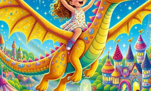 Un dragón mágico con escamas doradas y ojos azules brillantes, llamado Fuego, sobrevuela un parque colorido, su rostro radiante de alegría y emoción. Sus alas brillantes se despliegan majestuosamente mientras realiza una pirueta en el aire, dejando detrás una estela de purpurina brillante. A su lado, Lila, una niña de 8 años con cabello rizado y ojos chispeantes, sonríe con asombro. Lleva un vestido colorido adornado con motivos de flores y se sostiene firmemente en la espalda de Fuego, con los brazos en alto en señal de victoria, disfrutando de la sensación de volar. El escenario es un parque encantador de Brillolandia, con casas de colores vivos, árboles de caramelo y flores brillantes que bailan con la brisa. Los niños ríen y juegan en el suelo, admirando el espectáculo mágico que se desarrolla sobre ellos. La escena principal muestra a Fuego y Lila en pleno vuelo, celebrando su amistad y la magia de Brillolandia, mientras los niños abajo miran hacia arriba, maravillados por la belleza y la alegría de este momento mágico.