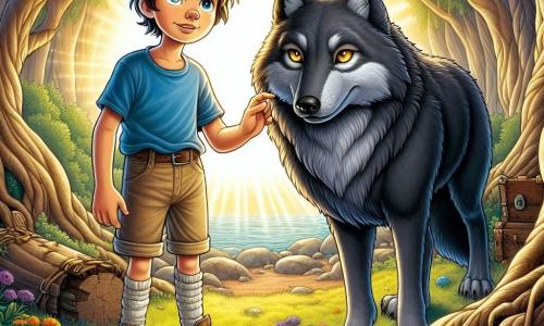 Un chico de 12 años, Lucas, se encuentra valientemente en el centro del escenario. Tiene el cabello castaño desordenado, ojos llenos de curiosidad y una sonrisa decidida. Lleva una camiseta azul y un pantalón corto beige, con zapatillas desgastadas. Lucas mira con asombro a un gran lobo majestuoso que está a su lado, con su pelaje negro brillando bajo la luz del sol, y sus ojos dorados expresan una profunda tristeza pero también un destello de esperanza. El lobo, que parece ser un personaje secundario importante, se inclina ligeramente hacia Lucas, como si le confiara un secreto. Es grande e imponente, pero su mirada es suave y llena de sabiduría. El lugar es un claro encantado en el corazón de un bosque denso, donde grandes árboles de troncos retorcidos se elevan a su alrededor. Rayos de sol filtran a través del follaje, iluminando flores coloridas que crecen en el suelo. La situación principal muestra a Lucas levantando un cristal brillante, símbolo de la verdad, mientras una sombra amenazante se perfila en el fondo, representando la bruma oscura de la bruja. La atmósfera es mágica y tensa, capturando el momento crucial en el que el coraje de Lucas podría transformar el destino del lobo y del bosque.