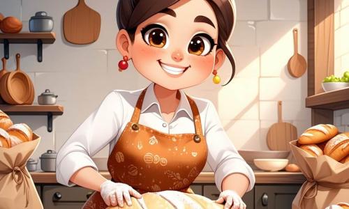Una panadera sonriente, Mariana, mujer de unos treinta años, lleva un gran delantal con motivos de panes y una blusa blanca. Su cabello castaño está recogido en un moño desordenado y tiene mejillas sonrosadas de alegría. Está amasando una masa dorada en una gran mesa de madera, rodeada de sacos de harina e ingredientes coloridos. A su lado, un niño de 10 años, Nico, con grandes gafas rojas y un gorro de chef un poco grande, observa atentamente. Tiene una sonrisa maravillada y las manos llenas de harina, como si hubiera estado jugando en la masa. La escena se desarrolla en una encantadora panadería, con estanterías de madera llenas de panes dorados, croissants crujientes y pasteles coloridos. Rayos de sol filtran a través de la ventana, iluminando la habitación con una luz cálida y acogedora. Mariana y Nico están preparando un pan especial para un concurso, llenando la masa de miel y semillas, riendo y compartiendo momentos de complicidad.