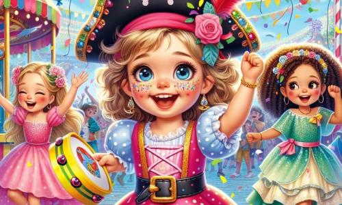 Un niño de 6 años, Lucas, con una gran sonrisa brillante y ojos chispeantes, lleva un disfraz de pirata de colores vivos, con un sombrero negro adornado con una pluma roja. Está bailando alegremente, levantando los brazos, rodeado de confeti colorido que cae a su alrededor. A su lado, Ana, una niña de 6 años con cabello rizado y un vestido rosa con lunares blancos, ríe mientras sostiene un pandero. Sofía, otra niña de 6 años con cabello largo y liso, lleva un disfraz de hada brillante y está haciendo piruetas, con sus alas brillantes capturando la luz del sol. La escena tiene lugar en una plaza animada, decorada con globos multicolores y con niños riendo y jugando. Los tres amigos buscan un tesoro escondido, con expresiones de alegría y emoción, listos para vivir una aventura inolvidable en el carnaval.