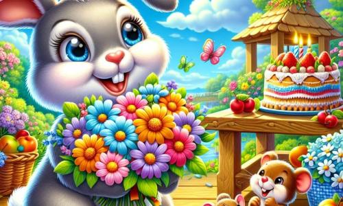 Ein kleiner Hase mit großen, glänzenden Augen und grauem Fell, voller Freude und Aufregung, hält einen wunderschönen bunten Blumenstrauß in seinen kleinen Pfoten. Neben ihm hüpft eine kleine Maus mit braunem Fell und runden Ohren, lächelnd und voller Enthusiasmus, und bewundert den Strauß. Im Hintergrund bereitet ein großer, brauner Bär mit einem warmen Lächeln einen köstlichen Kuchen auf einem Holztisch vor, umgeben von frischen Früchten und Blumen. Die Szene spielt in einem charmanten, sonnigen Garten, voller leuchtender Blumen und grüner Bäume, unter einem strahlend blauen Himmel mit sanft schwebenden weißen Wolken. Der Hase, die Maus und der Bär bereiten sich darauf vor, den Muttertag zu feiern, umgeben von einer Atmosphäre des Glücks und der Kameradschaft, bereit, einer liebevollen Mama ihre Geschenke zu überreichen.