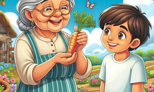 Una donna anziana, Nonna Rosa, si trova al centro della scena, con i capelli argentati raccolti e gli occhi scintillanti di gioia. Sorride calorosamente mentre tiene una carota fresca tra le mani, mostrando il suo orgoglio per il lavoro in fattoria. Accanto a lei, un ragazzo di nove anni, Luca, con i capelli castani disordinati e un sorriso radioso, la osserva con meraviglia, pronto ad imparare. Il contesto è una deliziosa fattoria in campagna, circondata da campi verdi e fiori colorati. Si vedono alberi da frutto sullo sfondo e il cielo è di un blu intenso, punteggiato da alcune nuvole bianche e soffici. La scena principale mostra Nonna Rosa che spiega a Luca come coltivare le carote, mentre sono circondati da verdure fresche disposte su un tavolo di legno rustico. Farfalle svolazzano attorno a loro, aggiungendo un tocco di magia a questo momento di apprendimento e condivisione.