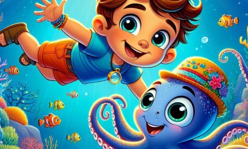 Un niño de 6 años, llamado Julián, con cabello castaño desordenado y ojos llenos de curiosidad, flota alegremente bajo el agua, con una gran sonrisa en su rostro. Lleva una camiseta azul y un pantalón corto naranja, y sostiene una pequeña lupa en su mano. A su lado, un pulposo Don Pulpo, un pulpo amistoso con un sombrero colorido, sonríe y hace gestos acogedores con sus tentáculos. Se encuentran en un reino submarino mágico, lleno de corales de colores brillantes, peces centelleantes y algas danzantes. La luz azul y dorada filtra a través del agua, creando un ambiente de ensueño. Julián y Don Pulpo exploran juntos este maravilloso mundo, asombrados por las maravillas que los rodean.
