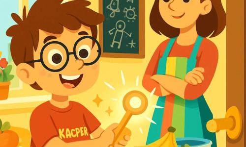 Młody chłopiec o imieniu Kacper, w wieku około 8 lat, z rozczochranymi brązowymi włosami i okrągłymi okularami, z dumą uśmiecha się, trzymając w rękach mały, błyszczący i dziwny „uniwersalny klucz”. Jego oczy błyszczą z ekscytacji i wyobraźni. Obok niego jego mama, kobieta w wieku około trzydziestu lat z brązowymi włosami i ciepłym uśmiechem, z podziwem obserwuje go, krzyżując ręce, w kuchni. Ma na sobie kolorowy fartuch i stoi obok drewnianego stołu pełnego owoców i naczyń. Kuchnia jest jasna i przytulna, z pastelowo żółtymi ścianami i otwartymi oknami wpuszczającymi światło słoneczne. Kolorowe doniczki zdobią parapet, a czarna tablica wisząca na ścianie jest pełna szkiców Kacpra. Kacper, z determinacją, odblokowuje zablokowane drewniane drzwi, używając swojego błyszczącego klucza. Scena emanuje atmosferą kreatywności i przygody, ilustrując moment, w którym Kacper wykorzystuje swoje wynalazki do rozwiązania problemu.