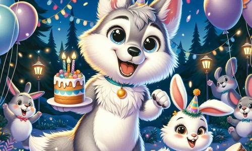 Un pequeño lobo llamado Lupi, con pelaje gris y ojos brillantes de alegría, baila en medio de una fiesta de Año Nuevo, rodeado de globos coloridos y guirnaldas luminosas. Sonriente, con las orejas erguidas, sostiene una galleta con sus patas delanteras. A su lado, su mejor amiga, una conejita llamada Lila, con pelaje blanco y grandes orejas, salta de alegría, sus ojos brillando de emoción. Lleva un pequeño sombrero de fiesta y sostiene un tambor, lista para hacer música. El escenario es un hermoso bosque nocturno, iluminado por faroles brillantes colgados de las ramas de los árboles, con copos de nieve cayendo suavemente a su alrededor, creando una atmósfera mágica. La escena muestra a Lupi y Lila celebrando juntos, rodeados de sus amigos animales, cantando y bailando bajo las estrellas, con risas y alegría en el aire, listos para dar la bienvenida al nuevo año.