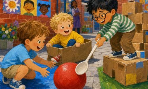 Tre bambini di 4 anni: Tito, capelli castano chiaro corti e arruffati, occhi verdi, in maglietta azzurra e pantaloncini beige, accovacciato a sinistra che tende la mano verso una grande palla rossa su un tappeto; Milo, biondo riccio con lentiggini, felpa gialla e scarpe rosse, seduto al centro dentro una grande scatola come fosse una barca, ride guardando la palla; Pippo, capelli neri spettinati e occhiali sottili, camicia a righe verdi e pantaloni marroni, a destra in piedi su un altro cartone che spinge la palla con un grande cucchiaio di plastica. Luogo: piccolo cortile scolastico soleggiato con pavé grigio, due tappeti colorati che separano una 
