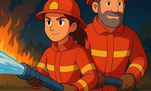 Eine junge Feuerwehrfrau, Lena, mit braunen Haaren im Pferdeschwanz, trägt eine rot-gelbe Feuerwehruniform. Sie hat einen entschlossenen und selbstbewussten Blick, während sie fest einen Feuerwehrschlauch hält, aus dem Wasser spritzt. Neben ihr hilft ein etwa 40-jähriger Feuerwehrmann, Tom, mit graumelierter Bart, den Schlauch zu lenken. Er trägt ebenfalls eine Feuerwehruniform und hat ein beruhigendes Lächeln. Im Hintergrund brennt ein Feld am Dorfrand, mit orange-roten Flammen, die in den Nachthimmel lodern. Der Himmel ist dunkel, mit Sternen übersät, und ein leichter Rauch steigt in die Luft. Die Szene zeigt die heldenhafte Aktion und Zusammenarbeit der Feuerwehrleute beim Löschen des Feuers.