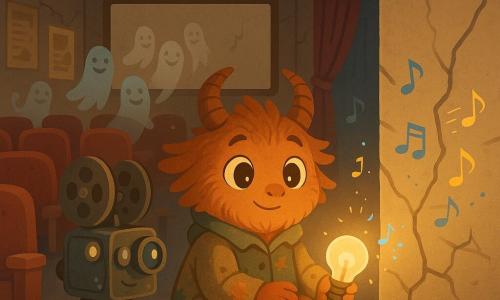 Una creatura peluche antropomorfa (Lumo) seduta al centro di un vecchio cinema abbandonato, volto sereno, occhi grandi color rame, pelliccia ramata con piccole corna a spirale e coda a punto interrogativo avvolta intorno ai piedi, tiene una piccola lampadina opalina che diffonde una luce miele; indossa una giacca di stoffa consumata con tracce di polvere, postura tonda e protettiva, guarda un muro crepato da cui esce un sottile nastro d'ombra che si ritrae davanti alla luce. Dietro di lui un vecchio proiettore antropomorfo in metallo patinato osserva con lente che lampeggiano e spruzza piccole scintille amichevoli; sullo sfondo poche sagome d'ombra amichevoli, traslucide e sorridenti, fluttuano sopra le poltrone rosse logore. Interno: file di poltrone rosse sfilacciate, schermo polveroso, tendone di velluto bordeaux spostato, grande lampadario di vetro crepato e poster ingialliti; dietro lo schermo una porta murata incrinata emette sottili linee di luce blu pallido. Situazione: Lumo appoggia la lampada al muro crepato e la luce miele trasforma il nastro d'ombra in piccole note sonore colorate che si placano; atmosfera magica e rassicurante, colori caldi con tocchi di blu elettrico, stile vettoriale pulito, forme semplici e contorni morbidi ad alta leggibilità per bambini.