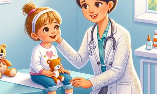 O doctoriță zâmbitoare, Maria, o femeie de aproximativ treize ani cu părul brun prins într-un coc, poartă un halat alb strălucitor și un stetoscop la gât. Ea se apleacă cu bunătate spre o fetiță, Ana, o fetiță de 6 ani cu părul blond și ochi strălucitori, care stă așezată pe o masă de consultație, având un aer puțin îngrijorat dar zâmbitor. Locul este o cameră de consultație luminoasă, decorată cu postere colorate despre sănătate și jucării de pluș, cu pereți vopsiți în albastru deschis și feronieră care lasă să intre lumina soarelui. Maria o examinează cu atenție pe Ana, luându-i temperatura cu un termometru, în timp ce Ana ține un mic ursuleț de pluș în brațe, simțindu-se liniștită de prezența doctoriței.