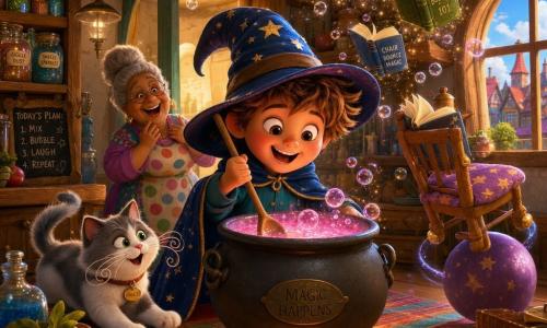 A 4-year-old apprentice wizard boy with a round, chubby face and tousled light-brown hair, wearing an oversized pointed hat and a starry blue cape, grinning mischievously as he stirs a smoking cauldron with a wooden spoon that casts a pink glow on his face, a fluffy cat named Whiskers, white and gray with spiral whiskers, sitting nearby ready to pounce, Mrs. Twinkle, about 70 with gray hair in a bun and a colorful polka-dot dress, laughing from a doorway, in a cozy bright kitchen with wooden shelves of shiny jars, an open window to colorful village houses, a striped rug and a bouncing chair; the fizzing pink potion makes books dance and the chair bounce, creating a magical, playful scene with vivid colors, sparkling lights and floating bubbles.