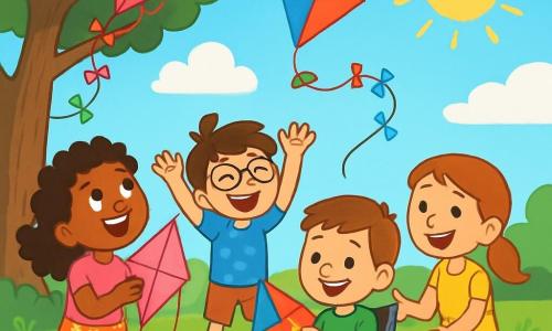 Há 4 crianças: - Lila: uma menina de 8 anos com cabelos cacheados e um grande sorriso. Ela usa uma camiseta rosa e uma saia florida, segurando uma pipa rosa brilhante e olhando para o céu com admiração. - João: um menino de 7 anos com cabelos castanhos bagunçados e óculos. Ele veste uma camiseta azul com bolinhas e shorts, rindo com os braços levantados, pronto para soltar sua pipa colorida. - Nina: uma menina de 8 anos com cabelos longos e lisos presos em um rabo de cavalo. Ela usa um vestido amarelo e sandálias, sentada na grama, contando uma história com um grande sorriso, cercada por seus amigos. - Pedro: um menino de 9 anos com cabelos curtos e um olhar brilhante. Ele está em sua cadeira de rodas, vestido com uma camiseta verde e jeans, desenhando estrelas em sua pipa com grande concentração, cercado por seus amigos. O local é um parque ensolarado, com grandes árvores verdes, flores coloridas e um céu azul brilhante. A grama é verde vibrante e as crianças estão sentadas em círculo, cercadas por suas pipas que voam alto no céu. A situação principal mostra as crianças soltando suas pipas juntas, rindo e se divertindo, enquanto a pipa de Pedro está presa em um galho. Os amigos se dão as mãos, prontos para ajudar, com expressões alegres e determinadas em seus rostos.