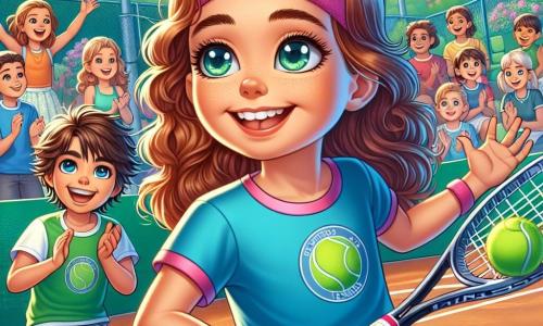 A 10-year-old girl, Sophie, with curly brown hair, wears a pink headband and a blue t-shirt with a tennis logo. She has a big smile on her face, her eyes sparkling with determination as she prepares to serve a tennis ball on the court. Next to her, her best friend Mia, also 10, has braided blonde hair and is wearing a colorful tennis skirt. She is enthusiastically cheering for Sophie. A 10-year-old boy, Jake, stands a bit back with messy brown hair and a green t-shirt, holding his tennis racket confidently, ready to play. The setting is a clay tennis court surrounded by greenery, with flowering trees and a bright blue sky. Spectators are seated in the stands, applauding the energy of the young players. The main scene shows Sophie focused and ready to serve, while Mia and Jake cheer her on, creating an atmosphere of camaraderie and excitement.