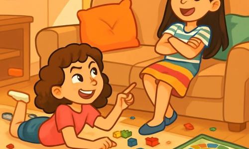There are 2 main characters: Ruby, an 11-year-old girl with curly brown hair, wearing a pink t-shirt and denim shorts, lying on the floor surrounded by LEGO, smiling mischievously; and Zoe, a 12-year-old girl with long straight hair, wearing a striped shirt and a colorful skirt, sitting on the couch with her arms crossed, pretending to be exasperated while smiling. The setting is a warm family living room with a large comfy couch, scattered cushions, a soft rug, and sunlight filtering through the curtains. Toys are scattered on the floor, and a board game is overturned next to them. The main situation shows Ruby, looking determined, giving orders to Zoe, who pretends to lament and act like a little sister. The two girls are enjoying a joyful moment together, surrounded by chaos and laughter, illustrating their playful role exchange.