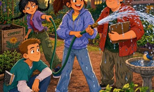 A radiant, soaked 12-year-old girl, Mina, hair in a messy ponytail, grinning with sparkling eyes, gently pulling a garden-hose handle to tame a high, arching jet of water as four kids laugh and work together; to her right Leo, about 12, round-faced with wet brown hair and a slightly embarrassed proud look, holds a soaked clipboard; slightly behind left Tess, about 12, with braided black hair and a mischievous grin, points the hose; in the foreground left Jay, about 12, with short neat hair, kneels by the faucet examining the handle with a quiet smile; the scene is a bright school garden at dusk with brown dirt paths, green flowerbeds, terracotta pots, a wooden composter and a small stone birdbath, warm evening light, saturated colors, sharp outlines, joyful atmosphere, 1990s cartoon style, dynamic composition centered on Mina.