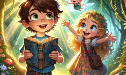 A 10-year-old boy named Oliver stands center stage, with messy brown hair and curious, bright eyes. He wears a blue t-shirt and denim shorts, holding an old, worn book in his hands, his face lit up with excitement and wonder. Beside him is his best friend Clara, a 10-year-old girl with curly golden hair, smiling enthusiastically in a colorful floral dress. She points to the sky, where glimmers of light surround a small pixie named Tilly, who joyfully flits above them. The scene is set in an enchanted clearing surrounded by majestic trees with vibrant green leaves, where colorful flowers blanket the ground. Sunlight filters through the branches, creating a magical and bright atmosphere. The main situation shows Oliver and Clara, amazed, talking to Tilly, the pixie, who has just promised to help restore the magic of the city's lights, while sparks of magic dance around them, illuminating the scene with a fairy-like glow.