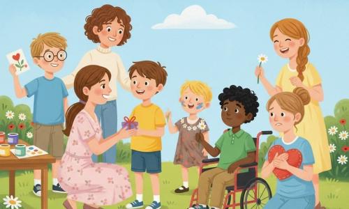 Eight characters: Max, 10, brown short hair, big smile, yellow T‑shirt, standing center-left offering a small gift box to his mother; Leo, 11, light brown hair, round glasses, blue shirt, standing left holding a painted card proudly with his mother behind him (cream sweater, short curly hair, hand on his shoulder); Oliver, 10, curly black hair, in a red wheelchair, green polo, seated front-right showing a heart-shaped cushion he sewed with his kneeling mother beside him (light blue T‑shirt, hair in a bun) holding the cushion, moved; Sam, 7, blond hair, paint on his cheeks, slightly messy dress, wearing a small flower garland, standing between Max and Oliver singing, with his mother at right (light yellow dress, braided hair) laughing and holding a daisy he gave her; Max’s mother, 35, pale pink floral dress, long tied hair, crouched in front of Max smiling and receiving the box. Setting: sunny garden with short green lawn, colorful flowerbeds (daisies, poppies), a light stone path, a wooden table with jars of paint and paper, pale blue sky with a few fluffy clouds. Main scene: children giving handmade gifts to their mothers under bright sky, warm, joyful expressions and affectionate gestures, vivid colors, visible acrylic textures, soft brushstrokes and slightly rounded outlines for a childlike, welcoming look.