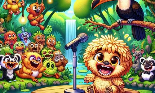 A little marmot named Marty, with soft, fluffy caramel-colored fur, stands on a stage made of lily pads, his face beaming with joy and excitement. He grins widely, his eyes sparkling with mischief, while holding an improvised microphone shaped like a branch. Next to him, a toucan named Tilly, with vibrant yellow and black feathers, hovers slightly above the stage, her wings spread, ready to applaud her friend. In the background, a group of animals, including a frog in a suit and a laughing lemur, sits on rocks, bursting into laughter. The setting is a lush jungle, with majestic trees, colorful flowers, and the sound of a sparkling waterfall nearby, creating a festive atmosphere. The main scene shows Marty telling a hilarious joke while the animal audience bursts into laughter, filling the air with joy and camaraderie.