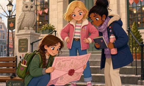 Three girls, about 11: Nia — fair skin, brown braid over her shoulder, green backpack of art supplies, crouched left unfolding a pink map with little hearts; Zoe — fair with freckles, short shiny blonde hair, pink glitter on cheeks, standing center with hands on hips, mischievous smile looking at the map; Mira — olive skin, black hair in a bun, navy coat holding a small notebook and thermos, right and leaning in, curious. In front of Maplewick Library — light stone façade with leaded windows, a carved stone owl atop the steps, heart-shaped paper garlands in the window, faint winter morning light, wet cobbles and a wooden bench left. The three friends gathered on the library steps examine a large pink map sealed with a small heart-shaped wax seal, expressions of wonder and camaraderie, warm atmosphere, vivid contrasting colors, clean vector style with flat shadows and a pastel palette accented with reds and pinks.