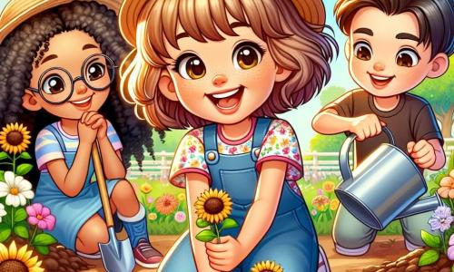 Uma menina de 12 anos, Lara, com cabelos castanhos e cacheados, um sorriso radiante e olhos brilhantes de excitação, está agachada em um jardim ensolarado, plantando sementes de girassol no solo fértil. Ela usa uma blusa colorida e um chapéu de palha, com as mãos ligeiramente sujas de terra, demonstrando seu entusiasmo pela jardinagem. Ao lado dela, Tomás, um garoto de 12 anos com cabelos loiros e óculos redondos, observa atentamente, segurando uma pequena pá. Ele está concentrado e sorridente, pronto para ajudá-la a cavar buracos para as sementes. Um pouco mais longe, Júlia, uma menina de 11 anos com cabelos lisos e negros, está enchendo um regador com água, ansiosa para regar as plantas após o plantio. O local é um parque vibrante de cores primaveris, com flores brilhantes de todas as tonalidades, árvores em flor e o céu azul claro salpicado de nuvens brancas. Pássaros cantam alegremente nos galhos, acrescentando à atmosfera festiva. A cena principal mostra Lara e seus amigos em plena atividade de jardinagem, rindo e trocando ideias sobre como cuidar de suas novas plantas, simbolizando a amizade e a alegria da primavera.