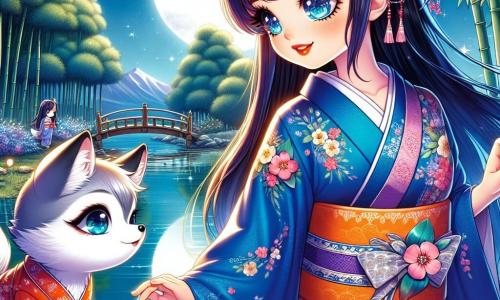Aiko, eine junge Frau mit langen, glänzenden schwarzen Haaren und funkelnden Augen, steht am Ufer eines friedlichen Teiches, ihr Gesicht strahlt vor Staunen und Entschlossenheit. Sie trägt einen blauen Kimono mit floralen Mustern, und ihre Hände sind zum Wasser ausgestreckt, als ob sie bereit wäre, in eine magische Welt einzutauchen. Neben ihr beobachtet ein kitsune, ein kleiner Fuchs mit schelmischen Augen und silbernem Fell, Aiko neugierig. Er trägt einen roten Mini-Kimono, der sanft im Wind weht. Im Hintergrund erhebt sich der Bambus majestätisch, seine grünen Stängel wiegen sich im Wind, während der Mond intensiv am sternenklaren Himmel leuchtet und die Szene in sanftes silbernes Licht taucht. Aiko steht bereit, sich ihrem Spiegelbild im Wasser zu stellen, ein Moment der Entdeckung und des Mutes, während sie sich darauf vorbereitet, ihre Zweifel zu überwinden und ihr wahres Potenzial zu erkennen.