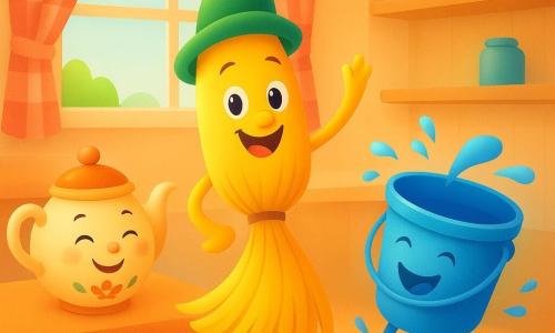 Benny the broom, a bright yellow broom with a funny green hat, is at the center of the image, displaying a radiant smile and sparkling joyful eyes, dancing with its tousled bristles. Next to him, the mop bucket, a blue bucket with a friendly face, spins joyfully, splashing a few glistening drops of water. On the table, the round and proud teapot, adorned with colorful floral patterns, smiles while clapping with its spout. The background shows a warm and bright kitchen with red and white checkered curtains and wooden shelves filled with colorful pots. The main scene depicts Benny and the mop bucket in a whirling dance, surrounded by laughter and joy, creating a festive atmosphere in the kitchen.