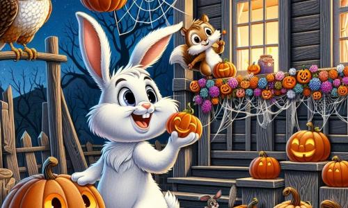 In the center of the image, Benny, an adorable white rabbit with large floppy ears, displays a wide smile of excitement. He is decorating an old house with cobwebs and pumpkins, his little agile paws busy around the colorful decorations. To his right, Lucy, a wise owl with brown feathers and big round eyes, joyfully surveys the scene, holding a small pumpkin in her claws. She seems delighted to help Benny prepare for the Halloween party. On the left, Max, a mischievous squirrel with reddish fur, climbs a wooden ladder, laughing as he hangs garlands of colorful leaves. His face is lit up with the thrill of adventure. The setting is in front of an old house, with weathered wooden walls, windows adorned with ghostly veils, and a garden filled with smiling-faced pumpkins. The night is starry, and a soft orange light emanates from the hanging lanterns. The main scene shows Benny and his friends preparing for a Halloween party, surrounded by festive decorations, ready to welcome children in search of treats.