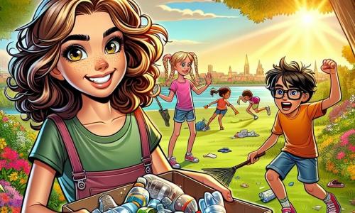 Una niña de 12 años, Clara, con cabello castaño rizado y ojos llenos de curiosidad, se encuentra en el centro de la imagen, sonriendo y decidida, sosteniendo una gran caja de cartón llena de botellas de plástico recicladas. A su lado, un niño de 12 años, Lucas, con gafas y cabello rubio, la anima levantando el pulgar, mientras que otra niña, Sofía, de 11 años, con trenzas y una camiseta colorida, recoge basura con una gran sonrisa. El escenario es un parque soleado, con árboles verdes, flores coloridas y niños jugando a lo lejos. En el suelo, hay basura esparcida que contrasta con la hierba verde, subrayando la importancia de la ecología. La escena muestra a Clara y sus amigos en plena acción, motivados y alegres, limpiando el parque para hacerlo más bonito y limpio.