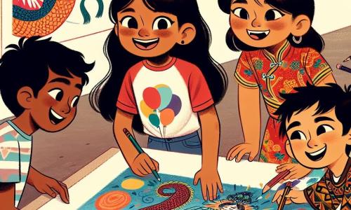 En el centro de la imagen, Lucía, una niña de 10 años de origen hispánico, con largos cabellos castaños y ojos llenos de curiosidad, está dibujando en un gran papel. Lleva una camiseta colorida y un short, y su rostro expresa una alegría contagiosa mientras crea un dibujo de su fiesta de cumpleaños. A su derecha, Mei, una niña de 9 años de origen asiático, con cabello negro liso y un vestido tradicional chino, observa atentamente el dibujo de Lucía, sonriendo y lista para compartir su propio dibujo de un dragón. A la izquierda de Lucía, Pablo, un niño de 10 años de origen latinoamericano, con cabello rizado y una camisa de estampados, dibuja una gran llama para representar la fiesta de su comunidad, mirando a Lucía con admiración. La escena tiene lugar en un centro cultural vibrante, con paredes decoradas con murales coloridos que representan diversas culturas, y niños de diferentes orígenes sentados alrededor de una gran mesa llena de lápices y papeles. La situación principal muestra a Lucía y sus amigos compartiendo sus dibujos e historias, creando un mural colectivo que celebra la diversidad y la unidad en un ambiente cálido y acogedor.