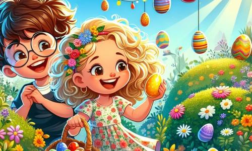 Ein 8-jähriges Mädchen, Lisa, mit wunderschönen lockigen blonden Haaren, lächelt fröhlich, während sie einen Korb voller bunter Ostereier hält. Sie trägt ein blumiges Frühlingskleid und ihre Augen strahlen vor Aufregung. Neben ihr ermutigt ihr bester Freund Max, ein 8-jähriger Junge mit braunen Haaren und runden Brillen, sie, indem er ein goldenes Ei hochhält, das er gerade gefunden hat, mit einem großen Lächeln auf seinem Gesicht. Der Garten ist voller leuchtender Blumen, grüner Büsche und bunter Dekorationen, mit schwebenden Ballons und Girlanden, die im Wind tanzen. Im Hintergrund bietet eine majestätische alte Eiche Schatten, während Sonnenstrahlen durch die Blätter scheinen. Die Szene zeigt Lisa und Max mitten in einer fröhlichen Ostereiersuche, umgeben von Lachen und Farben, während sie nach in jedem Winkel des Gartens versteckten Eiern suchen.