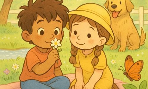 Un niño de 4 años de rostro redondo, pelo castaño despeinado, ojos grandes y curiosos y expresión dulce y alegre sostiene con delicadeza una pequeña flor blanca junto al rostro; a su lado Ana, una niña de 4 años con trenzas y sombrero amarillo, tímida que se abre en sonrisa y se inclina para oler la flor; Luno, un perro grande y amistoso de pelaje castaño claro y mojado, mueve la cola y está sentado en la hierba a pocos pasos; una mariposa naranja brillante posada en una hoja cercana con alas plegadas y manchas oscuras; jardín primaveral con césped verde cubierto de rocío, pequeñas flores de colores, un arroyo con reflejos plateados, un árbol de hojas tiernas y una valla de madera blanca; escena principal: los niños juntos sobre una manta en tonos pastel, luz dorada de la mañana, ambiente cálido y sereno, colores suaves, contornos y texturas redondeadas en estilo cómic para niños pequeños.