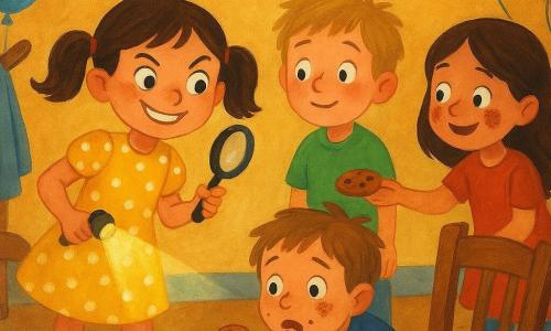 Una niña de 6 años, Diana, mira orgullosa con una sonrisa traviesa, ojos brillantes y coletas, vestida con un vestido amarillo de lunares blancos; sostiene una lupa y una linterna que ilumina la mesa. Cerca están Lucas, de unos 6 años, rubio y aliviado junto a una silla con un lazo azul; Sara, de unos 6 años, con manchas de chocolate en las mejillas, sonríe ofreciendo otra galleta al ladrón descubierto; y Nacho, de unos 7 años, con la boca llena de chocolate, todavía con una galleta en las manos y un globo azul atado a la muñeca, agachado y algo avergonzado. La sala de fiestas es luminosa, con guirnaldas y globos, una mesa con platos, pasteles, migas y una servilleta manchada de chocolate, y un rincón para abrigos; la luz principal está atenuada y la linterna de Diana proyecta un cálido haz sobre la escena. Estilo gouache naïf, colores vivos, pinceladas visibles, rasgos suaves y expresiones exageradas, composición centrada en la detective infantil y la revelación del ladrón.