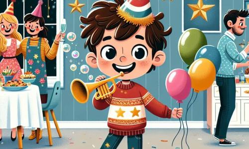 Un ragazzo di 6 anni, di nome Marco, è al centro dell'immagine, con un grande sorriso sul volto pieno di eccitazione. Ha capelli castani disordinati e indossa un bel cappellino colorato da festa, oltre a un maglione rosso con stelle dorate. Marco tiene una tromba in una mano e palloncini colorati nell'altra, saltellando di gioia. Accanto a lui, sua madre, una donna di circa 30 anni, ha capelli lunghi e ricci e indossa un vestito festivo a fiori. Sorride mentre appende ghirlande scintillanti al muro, guardando Marco con orgoglio. Il padre di Marco, un uomo di circa 35 anni, è presente, con una leggera barba e un maglione blu. Sta preparando cibo sulla tavola, ridendo con i vicini che sono arrivati per la festa. La scena si svolge in un soggiorno accogliente, decorato con ghirlande luminose e palloncini colorati. I muri sono ornati con disegni di stelle dorate, e un grande tavolo è pieno di deliziosi dolcetti per il Capodanno. Marco, pieno di energia, è pronto a festeggiare il Capodanno con la sua famiglia e i suoi amici, circondato da risate e gioia, mentre le luci scintillano intorno a lui.