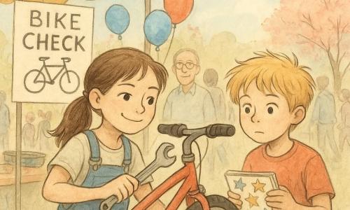 A 10-year-old girl, Ava, with brown hair tied in a ponytail and a confident smile, is repairing a bike. She is wearing blue overalls with grease stains and holding a wrench. Next to her, an 11-year-old boy, Marco, with messy blond hair, is watching closely, holding a notebook of star stickers. They are at a colorful stand with bike check posters, surrounded by balloons and garlands. In the background, a crowd of people can be seen, including a man in his forties, Mr. Bennett, with glasses and a kind smile, watching the scene from a bit further away. The scene takes place at a lively spring fair, with colorful stands, blooming trees, and a clear blue sky.