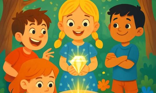 Er zijn 4 kinderen: - Lotte: een 8-jarig meisje met blonde vlechten, gekleed in een blauwe jurk met witte stippen. Ze staat in het midden, met een glinsterende steen in haar handen en een verwonderde blik. - Jip: een 9-jarige jongen met rommelig bruin haar en een rode t-shirt. Hij staat iets naar voren, lachend en een komisch gebaar makend, alsof hij een schaduw in de lucht probeert te vangen. - Noor: een 8-jarig meisje met rood haar en sproeten, gekleed in een groene trui. Ze staat links, voorovergebogen met een geconcentreerde uitdrukking, terwijl ze naar een magische kaart kijkt die ze vasthoudt. - Bram: een 9-jarige jongen met zwart haar en een blauwe short. Hij staat rechts, met gekruiste armen en een zelfverzekerde glimlach, terwijl hij enthousiast naar zijn vrienden kijkt. De locatie is een betoverende open plek, omringd door grote bomen met knoestige stammen en glinsterende bladeren. Overal groeien kleurrijke bloemen, en in het midden staat een fontein die een zachte, gouden gloed uitstraalt die de gezichten van de kinderen verlicht. De belangrijkste situatie toont de kinderen die de Glinsterende Steen ontdekken, een magische steen die schittert, terwijl ze rond de fontein staan, verwonderd door de magie om hen heen.