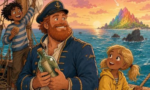 Kapitein Bram, glimlachend en vastberaden, met rossige stoppels en versleten blauwe jas met gouden knopen, houdt een oude groene glazen fles tegen zijn borst op het gepolijste houten dek van een schip; naast hem Lotte (±8) met blonde staartjes en gele regenjas kijkt verwonderd en houdt een touw bij de achtersteven; Joep (±10) met bruin warrig haar en gestreepte trui lacht, eet een koek en helpt een zeil te schoren bij de mast; de meeuw Kapitein Snavel met rood sjaaltje vliegt boogvormig boven hen en wijst de richting; op de achtergrond glinstert turquoise zee, donkere rotsen en een kleurrijk eiland aan de horizon onder een roze-oranje schemerlucht; moment van kalmte na de storm, gouden licht, de bemanning kijkt glimlachend naar het regenboogeiland terwijl Bram de fles met het geheime bericht vasthoudt — warme, avontuurlijke sfeer
