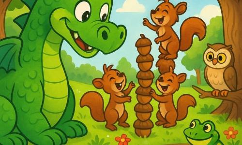 Un drago chiamato Tattico, grande ma dolce, osserva stupito la radura con espressione curiosa e gioiosa; scaglie verde brillante con riflessi argentati sulla coda, muso arrotondato e grandi occhi ridenti, accovacciato vicino a una torre di ghiande. Tre scoiattoli ridacchianti dal pelo rossiccio impilano ghiande nella torre, uno già arrampicato per guardare lontano. Una rana verde a pois gialli su una grande foglia di ninfea vicino a un lago luccicante sorride al drago. Un vecchio gufo saggio, piumaggio crema-bruno e grandi occhi ambra, su un ramo basso osserva la scena. Luogo: radura soleggiata nella Foresta di Smeraldo con erba verde, fiori colorati, tronchi contorti e un piccolo lago che riflette pale stelle; luce soffusa. Momento tenero e divertente, sguardi divertiti tra gli animali, atmosfera calda, composizione centrata su drago e torre, colori vivaci, contorni netti, stile infantile ed espressivo.
