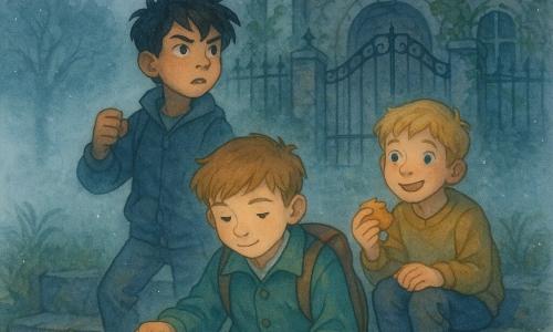 Ci sono tre ragazzi di 10 anni: Matteo, capelli castani corti, giacca ordinata e zaino, al centro in primo piano mentre rimette una mappa piegata sulle scale; Luca, capelli neri spettinati, sguardo coraggioso, leggermente dietro a sinistra con il pugno chiuso pronto a proteggere; Tommaso, capelli biondi, sorride per nascondere la paura, seduto a destra su una gradino più indietro offrendo uno snack a metà. Sullo sfondo un vecchio maniero con cancello in ferro parzialmente aperto, scale di pietra consumate, edera sui muri, finestre crepate e una sola lucerna illuminata da una luce calda; cielo crepuscolare blu-grigio con una leggera nebbia a terra. I tre sono sulle scale dopo l’avventura, la mappa ripiegata è visibile e accanto a loro è una corda sottile leggermente luminosa; atmosfera lievemente inquietante ma rassicurante, ombre lunghe, contrasto morbido tra toni freddi del crepuscolo e alone caldo della finestra, resa in acquerello granuloso con sottili tratteggi di penna bianca per i riflessi.