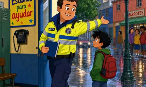 Un policía de 35–45 años, rostro redondo y sonriente, tez clara, cabello corto castaño oscuro, chaqueta reflectante amarillo y azul, con un cuaderno azul, expresión calmada y amable, abre la puerta de la comisaría y guía; un niño de 12 años, pelo negro despeinado, mochila roja y ojos grandes y curiosos, mira la calle húmeda y sigue al policía a unos pasos; porche de una pequeña comisaría con suelo de cemento brillante por la lluvia, cartel colorido “Estamos para ayudar” en la pared, casillero metálico y teléfono mural visibles, farol antiguo y adoquines reflejando neones; escena principal: el policía señala la calle con gesto acogedor, ambiente suave tras la lluvia, contrastes marcados y colores saturados estilo dibujo animado de los años 90.