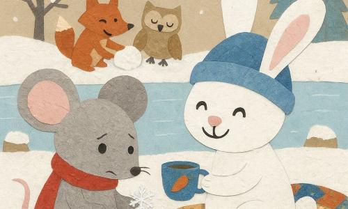 Milo, a light-gray mouse with large pink ears and a shy, slightly jealous expression, holds his red scarf and looks right; his body is made of torn textured paper with glued black round eyes and a raised paw holding a sparkling snowflake. Tilly, a white rabbit with long ears and a big blue pom-pom hat, smiles and sits on a colorful patchwork blanket in front of Milo, offering a cup of carrot tea. Secondary animals—a red fox with mischievous eyes and a beige owl with folded wings—are in the background laughing and building a small pile of snow as cutout silhouettes. The scene is a snowy clearing with a shiny frozen pond, trees with snow-dusted branches, tiny wooden houses puffing smoke, and a pale gray sky with glittering paper-cut snowflakes falling. Main situation: a winter picnic where Milo, set apart, watches the snowflake on his mitten while friends play and drink tea, soft atmosphere with red, blue, and white contrasts and visible crumpled paper textures and fabric scraps.