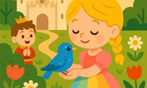 A smiling young princess sits center, blond braided hair, small sparkling crown, rainbow dress, gently holding a bright blue bird with shimmering feathers; a confident-looking blue bird perches in her hands with one wing slightly folded. A joyful little prince (about 6–7) stands behind a left-side bush with short brown hair and simple princely clothes, hands clasped in admiration. A bright castle garden with green lawn, large colorful flowers (red tulips, white daisies), rounded trees and a beige stone path; soft golden sunset light with long warm shadows, peaceful magical mood. Centered composition, simple shapes, flat colors, clear outlines for toddlers.