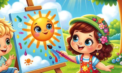 A 2-year-old girl with big bright eyes and curly hair is sitting on the green grass, a big smile on her face. She holds a colorful brush in one hand and a paint palette full of bright colors in the other. Next to her, a 3-year-old boy with messy blond hair and a red cap looks in awe at the painting she has created. He sits cross-legged with his hands on his knees, eager to start painting himself. In the background, a beautiful summer park is visible, with leafy trees, colorful flowers, and a blue sky dotted with white clouds. A bright sun shines above, illuminating the scene with its golden rays. The main focus shows the little girl painting a large sun on a canvas, while the boy admires her work, ready to join the creative adventure.