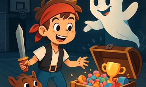 A 12-year-old boy named Oliver, with tousled brown hair and curious bright eyes, stands in front of an old wooden chest in a dark and mysterious gym. He is dressed as a pirate, wearing a red bandana and holding a plastic sword, with a wide smile of excitement. Next to him is a small ghost named Casper, joyfully floating with a friendly face and round eyes, showing him the chest with translucent arms reaching for the treasure. An adorable plush monster named Munch, with brown fur and sparkling eyes, stands near Oliver, hopping with enthusiasm and wagging its fluffy tail. The gym is decorated with glowing pumpkin garlands and shimmering spider webs, with dancing shadows cast by lanterns. The open chest overflows with colorful candies, games, and a shiny golden trophy, adding a touch of magic to the scene. Oliver, Casper, and Munch celebrate the treasure discovery together, surrounded by a festive and playful atmosphere filled with laughter and camaraderie.