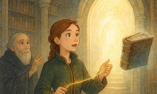 The protagonist is a young woman (about 25) with a determined face and wonder-filled eyes, brown hair in a braid, wearing a dark green leather coat embroidered in gold, holding a shimmering golden thread in her right hand and a warm-flamed lantern in her left, making a vow before a luminous oval portal; Irion, a kindly sixty-year-old guardian with a lined face and sapphire eyes, stands slightly behind her to the left, head bowed and hand raised in admiration; a large animated book floats to the right, bound in old leather with iron fittings, its pages fluttering like wings and glowing faintly azure; the setting is an ancient stone-vaulted library with colossal shelves, dark red rugs, suspended gold dust and paving lit by the portal, which opens to a spiral staircase descending into warm light; the scene is a heroic revelation — she reaches the golden thread toward the opening portal as white and amber light bursts forth, a magical, solemn atmosphere of courage and tenderness, composition centered on the woman and portal with Irion and the book as visual counterpoints.